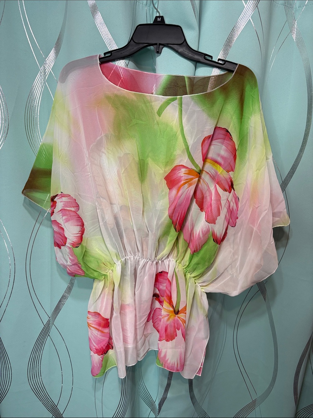 Le Moda Floral Drawstring Waist Blouse - Pink & Green